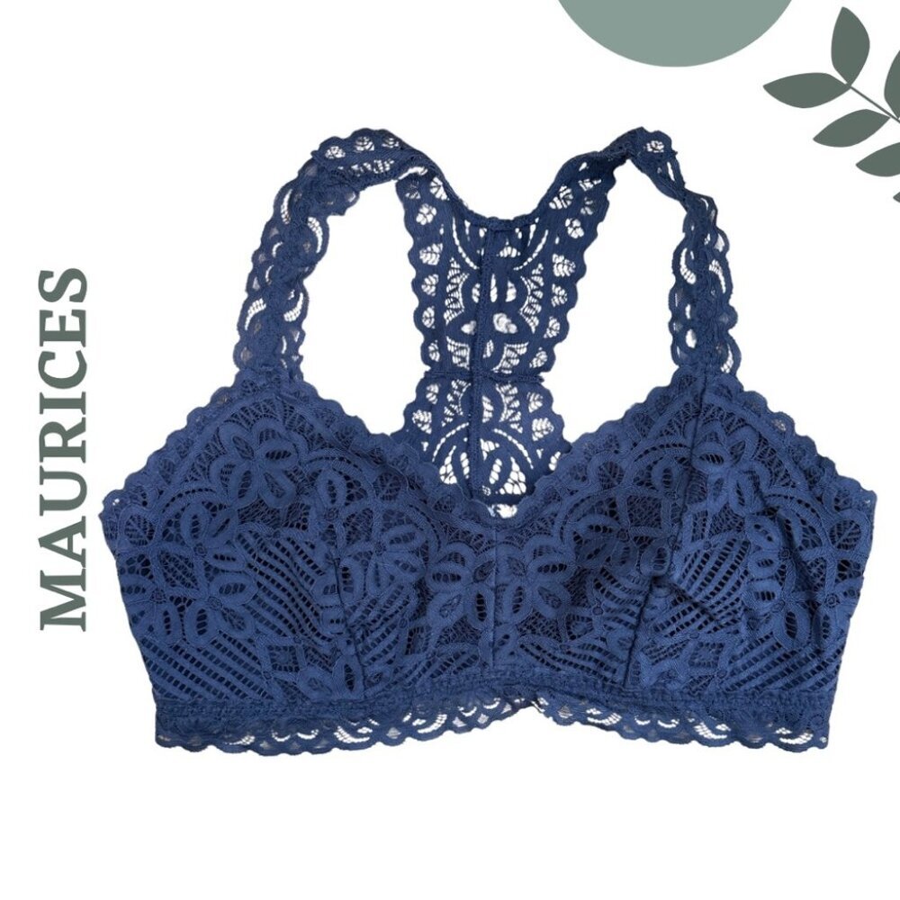 Maurices Navy Lace Racerback Bralette | Feminine & Comfy | Scallopef Edge Large